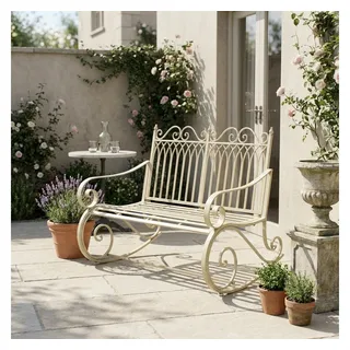 Antikas Dekokissen Gartenbank Eisen antik weiß patiniert Vintage, H.90 cm