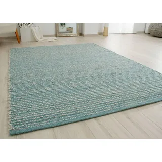 Steffensmeier Handweb Teppich Buchenberg | Wolle (Schurwolle), Türkis Hellgrau gestreift, handgewebt, Größe: 200x200 cm Wohnzimmer und Schlafzimmer