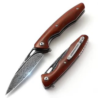 DRACHENADER Taschenmesser Einhand Damast, Damaszener Klappmesser mit Clip, VG10 Stahlkern und Holzgriff, Vielseitig einsetzbar und handlich, Perfekter Camping Outdoor-Begleiter