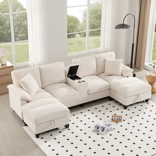 Merax Sofa 4 Sitzer Couch U-förmiges Ecksofa mit Stauraum, übergroßem Cordstoff und Kissen, Getränkehaltern aus Edelstahl und Zwei USB-Anschlüssen, Big Sofa für Wohnzimmer/Schlafzimmer, Beige