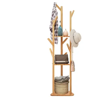 unho Bambus Kleiderständer Garderobenständer in Baumform mit 8 Haken/3 Ablagen Standgarderobe für Flur Büro Schlafzimmer Wartezimmer,für Kleidung Hüte Tasche
