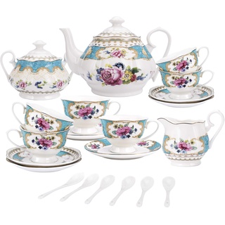 fanquare 15 Stück Englisch Türkis Porzellan Tee Sets,Vintage Rose Blumen Keramik Kaffee Set,Hochzeit Tee Service für Erwachsene