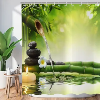 Hnmdmyi Duschvorhang Zen Garten 180x180, Spa Grüner Bambus Schwarzer Stein Weiße Blume Badewanne Vorhang Japanische Meditation Entspannend Wasserdicht Polyester Stoff Waschbar Badevorhang mit Haken