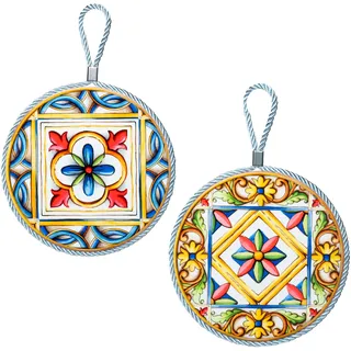 moorg Keramik-Teller zum Aufhängen, 2er-Set, Dekorationen für die Küche mit Haken, sizilianischen Fliesen-Stil, Majolika, Wandteller 16 x 16 cm mit Rückseite aus Kork