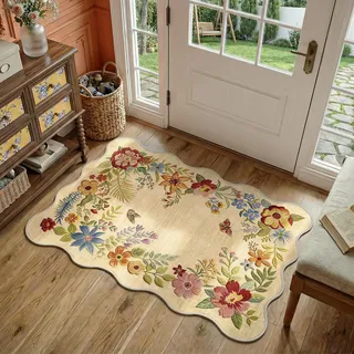 Beauoop Waschbarer Teppich Klein 60x90 cm Beige Fußmatte Blumen Wellenrand | Vintage Kurzflor Weich Rutschfest Carpet Bettvorleger Schlafzimmer Eingangsbereich Küche Badezimmer Landhausstil Türmatte Rug