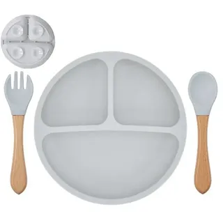 König Design Kindergeschirr-Set Babyteller Kinderteller mit Saugnapf Teller mit Löffel Gabel, 1 Personen, Silikon BPA Frei Baby Tischset für Baby und Kinder grau