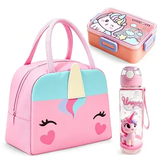 KDFSSIPE Rosa Einhorn Brotdose mit Trinkflasche 900 ml,3 TeiligesTragbare Lunchbox,Schüler Bento Box mit Trennfächern Perfekt für Schule, Garten & Ausflüge