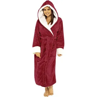 Damen Bademantel mit Kapuze Flauschig Lang Frottee Sauna Flanell Bademäntel Plüsch Verlängerte Bademantel Langarm Robe Mantel Saunamantel Nachthemden Langarm Schlafanzug mit Gürtel (5XL, Rot) - 5XL