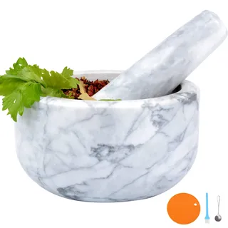 Mörser und Stößel-Set, polierter Naturmarmorstein, Guacamole, Molcajete-Schüssel mit Silikon-Pad, passendem Edelstahllöffel und passender kleiner Bürste (groß, weißgrau)