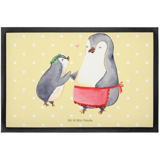 Fußmatte 60 x 90 cm Pinguin mit Kind - Gelb Pastell - Geschenk, Schmutzfänger, Mr. & Mrs. Panda, Höhe: 0.3 mm, Rutschfester Halt gelb