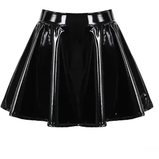 Honseadek Damen Cosplay Clubwear Rock Glänzend Lackleder A-Linie Minirock Leder Skater Rock Damen Schwarz Plissee Übergröße Minirock (L Schwarz)