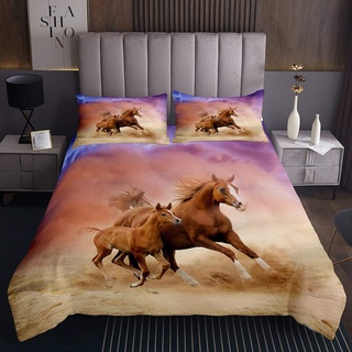 Pferd Bettüberwurf für Mädchen Jungen Galoppierendes Pferd Gedruckt Steppdecke 3D Wildtier Muster Tagesdecke 170x210cm Tierwelt Sunset Wohndecke 2St