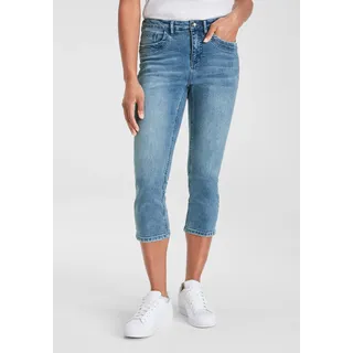 H.I.S. Caprijeans H.I.S, Damen, Gr. 38, N-Gr, blau (blau used 30), Denim/Jeans, Obermaterial: 98% Baumwolle, 2% Elasthan, schmal kniebedeckend, Jeans, schmale Beinform, krempelbare Beinabschlüsse, hohe Leibhöhe
