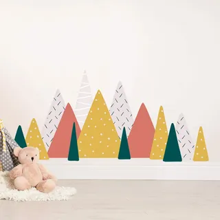 Wandaufkleber für Kinderzimmer, Schlafzimmer, Wanddekoration, Charaktere, bunte Kreaturen, fröhliche Abenteuer, lustige bunte Berge, Landschaft, skandinavischer Stil, gelb, Kinder-Wandaufkleber