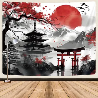 GOAOK Japanischer Anime-Wandteppich, coole japanische Kirschblüte, Blumen, Bergsonne, asiatische orientalische abstrakte Kunst, Wandbehang für Männer, rot und schwarz, große Wandteppiche, ästhetisch