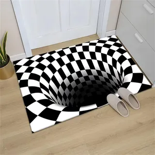 DOBOKS 3D Optische Täuschung Teppich Schwarz-Weiß Kariert Swirl Halloween Gruselige Falle Visueller Effekt - Rutschfeste Fußmatte Wohnzimmer & Eingang