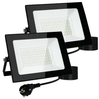 Meision LED Strahler Außen 50W, LED Scheinwerfer mit Stecker, Superhell Aluminium Kaltweiß LED Fluter 6000K IP66 Wasserdicht, LED Außenstrahler mit 3 Meter Kabel für Garage, Garten, 2 Stück