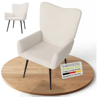 Juskys Ohrensessel Odense Bouclé 70 x 100 x 80 cm Beige mit Hocker