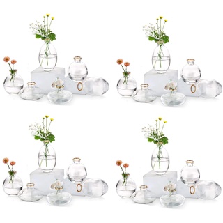 Kleine Vasen füR Tischdeko Glas - EylKoi 8 Sätze(24 Stück) Transparent mit Goldrand Mini Vase Vintage Handmade Hydroponic Glasvase Blumenvase Modern Set Hochzeit Tischdeko, Zuhause Wohnzimmer Blumen