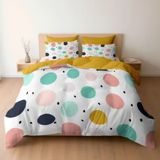 Generisch Bettwäsche Set 155 x 220 cm mit Kissenbezügen 2 x 80 x 80 Minimalistisch süß Punkte Design, Mikrofaser Bettbezüge mit Reißverschluss, Weich und Bügelfrei, Goldgelb