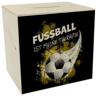 speecheese Spardose Fußball ist meine Therapie Spardose aus Holz mit Fußball-Motiv in gelb