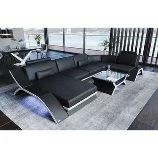 Sofa Dreams Wohnlandschaft Sofa Leder Calabria U Form Ledersofa, Couch, mit LED Beleuchtung, USB Anschluss und Multifunktions-Console schwarz
