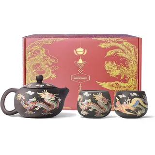 Hormsdar Handgefertigtes Zisha-Teeset mit Drachen und Phönix, farbwechselnd, Violett, Ton, Kung-Fu-Teekanne, Geschenk für Teeliebhaber (Teekanne + 2 x Teetassen)