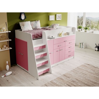 Furnix Hochbett INGENIOS 80x190 Kinderbett Etagenbett mit Schränken ohne Matratze Weiß Schreibtischfunktion, viel Stauraum, robust, Rausfallschutz rosa