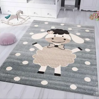 VIMODA Kinderteppich Kinderzimmer Babyteppich Fröhlicher Schaf Mint Blau Beige Dots, Maße:Ø 120 cm Rund