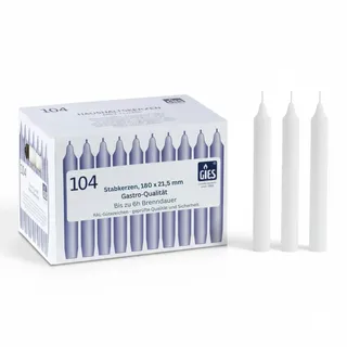 Stabkerzen Haushaltskerzen Gies, weiß, 104 Stück,180 x 21,5 mm, Brenndauer ca 6 Std, unparfümiert, RAL zertifiziert, Qualität für Gastronomie und Tischdeko, Großpackung