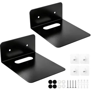 QZWEXAZ 2er Set Wandregal Schwarz Kleines Schweberegal aus Metall mit Kabelmanagement – Bohrfreie Montage (Kleben) & Bohren möglich – Wandhalterung für Router, Beamer, TV-Box, Lautsprecher, Kamera