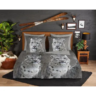 good morning Wendebettwäsche Chief, Biber, Flanell, 2 teilig, Biber, 135x200, Winter, Warm, Reißverschluss, Wendeoptik, Leopard grau
