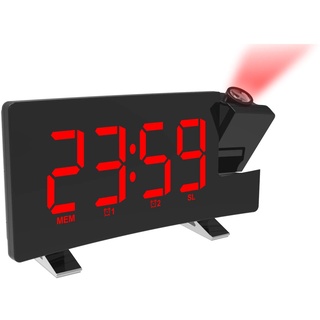 DollaTek Projektionswecker für Schlafzimmer Digitale Decke Radio Wecker mit Doppelwecker 4 Dimmer 180 ° drehbarer großer LED-Bildschirm - Schwarze Schale Rotes Wort