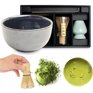 WestCraft Teeservice Matcha Set 4 tlg. Original japanische Matcha Schale mit Besen & Löffel (4-tlg), handgefertigt für eine authentische japanische Matcha & Tee-Zeremonie grau|schwarz