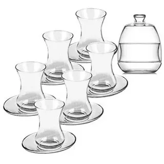 13 Teilig Türkische Teegläser Tee mit Untertasse Hohe Qualität BASAK Orientalisch arabisch Teestube Cafe Kahve Bar Club Cay Seti Bardak Bardagi 6 Teegläser + 6 Untertassen + 1 Zuckerbehälter