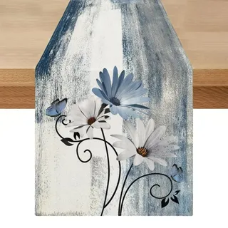 Tischläufer 40 x 140 cm Frühling Sommer Modern Blau Läufer Tisch Outdoor Wetterfest Tischläufer Blumen Gänseblümchen Tischdeko Saisonnal Waschbar für Küche Drinnen Draußen Bauernhaus