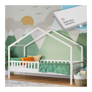 Bellabino Hausbett Vils 90x200 cm mit Rausfallschutz & Lattenrost (ohne Schublade, mit Matratze), Kinderbett auch verfügbar mit Gästebett/Schublade weiß