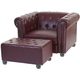 Luxus Sessel Loungesessel Relaxsessel Chesterfield Kunstleder ~ runde Füße, rot-braun mit Ottomane