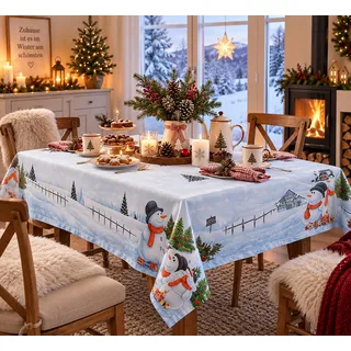 KAMACA Tischdecke mit hochwertigem Druck-Motiv Küche Esstisch Eyecatcher Herbst Winter Weihnachten (Frosty Snowman 130x170)