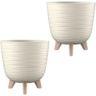 Engelland - 2 x Blumentopf mit Füßen & Bewässerungssystem, Beige, Ø 20 cm, Pflanzkübel, Übertopf, Wellenmuster, Innen- & Außenbereich, Drainagesystem & Wasserspeicher, rund, Kunststoff