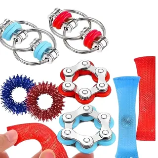8 Stück Fidget Set,Gewebter Netzschlauch Adhs, Stressabbauringe, Anti Stress, Squeeze,Antistress Für Erwachsene Für Adhs(Rot/Blau,C)
