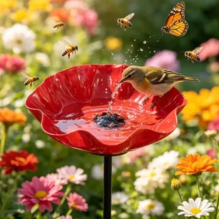 Vogelbad Garten, Metall Vogeltränke Stehend, Wassertränke Für Vögel Mit Stab, Abnehmbar Insektentränke, Vintage Gartendeko, Für Wildvögel Frostfest, Hinterhof, Garten (Rot)