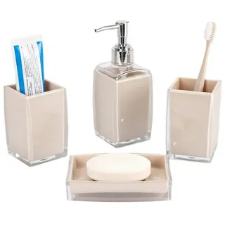 Cheffinger Badaccessoire-Set 4-teilig, Seifenspender, Zahnbürstenhalter, Schale & Organizer, 4 tlg., 4-teiliges-Set beige|braun