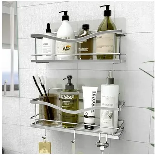 kincmax 2X Duschablage ohne Bohren - Edelstahl Badezimmer Organizer - Duschregal ohne Bohren - Badaccessoires - Duschkorb selbstklebend mit Haken - Bathroom Organizer - Silber