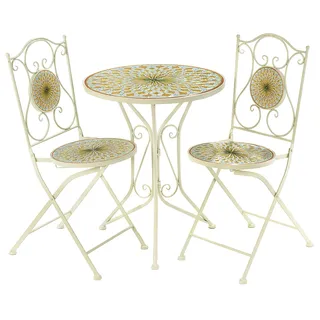 Kobolo Tischgruppe MOSAIKOPTIK | 3-teilig | weißer Metalltisch mit 2 passenden Klappstühlen | stilvolles Bistro-Set für Garten, Balkon, Terrasse | Gartenmöbelset im mediterranen Landhausstil
