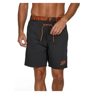 DENIMFY Badehose Herren Lang Badeshorts Doppelter Bund DFNeo Schwarz-Shiny Orange XL