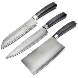 KLAMER Premium Damastmesser 3er Messerset, japanischer Damaszener Stahl | Die 67 Lagen mit 61 HRC bleiben ultrascharf, im 13-Grad-Schnittwinkel schneiden sie Fleisch, Fisch, Obst und Gemüse mühelos