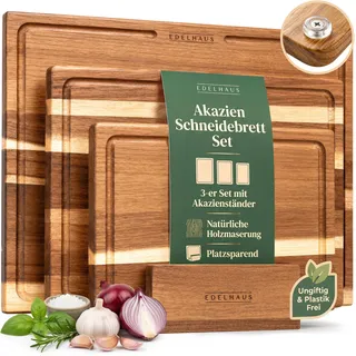 EDELHAUS Schneidebrett Holz 3er Set Holzschneidebrett aus Massiver Akazie | 2cm Dicke Schneidbretter ohne Mikroplastik - Holzbretter Küche mit Saftrille (40x30 / 33x24 / 26x18cm) Designer Cutting Board