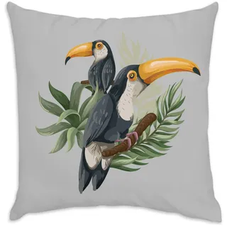 Fabulous Kissenhülle, Velours, grau, Tukan sitzend, exotischer tropischer Dschungel, Vögel, 40 x 40 cm, samtig