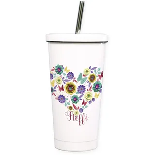 GRAZDesign Cocktailbecher mehrweg mit Deckel, personalisiert mit Namen, Blumenherz, Trinkbecher mit Trinkhalm aus Edelstahl, ideal als Geschenk